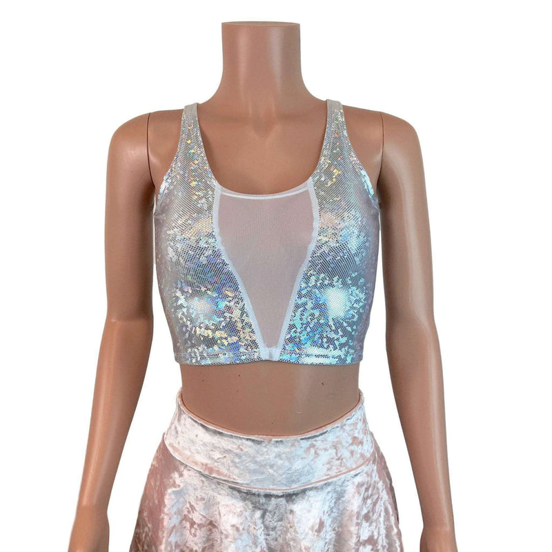 Mesh Inset Crop Tank Top - Silver on White Shattered Glass - Peridot Clothing