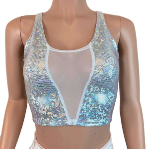 Mesh Inset Crop Tank Top - Silver on White Shattered Glass - Peridot Clothing