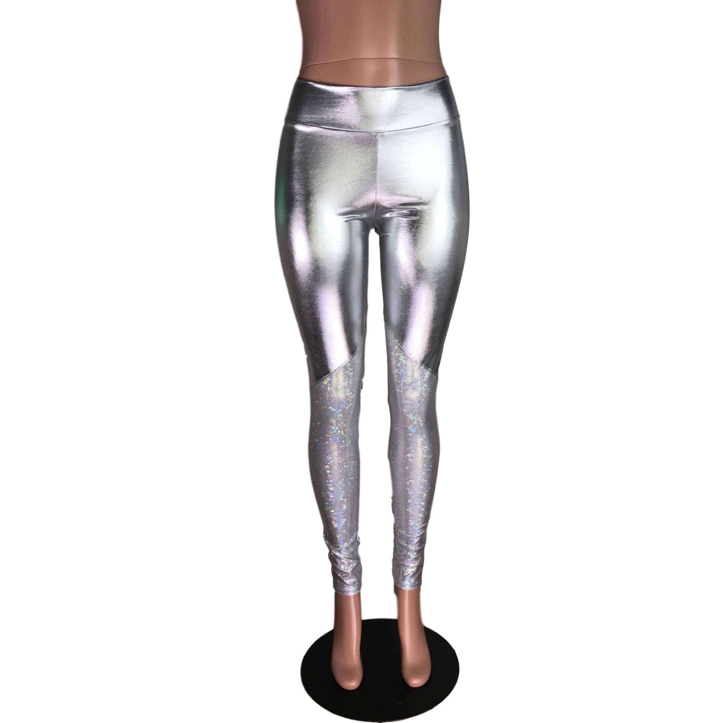 Metallic Silver and Shattered Glass Mid-Rise Leggings Pants– Peridot  Clothing