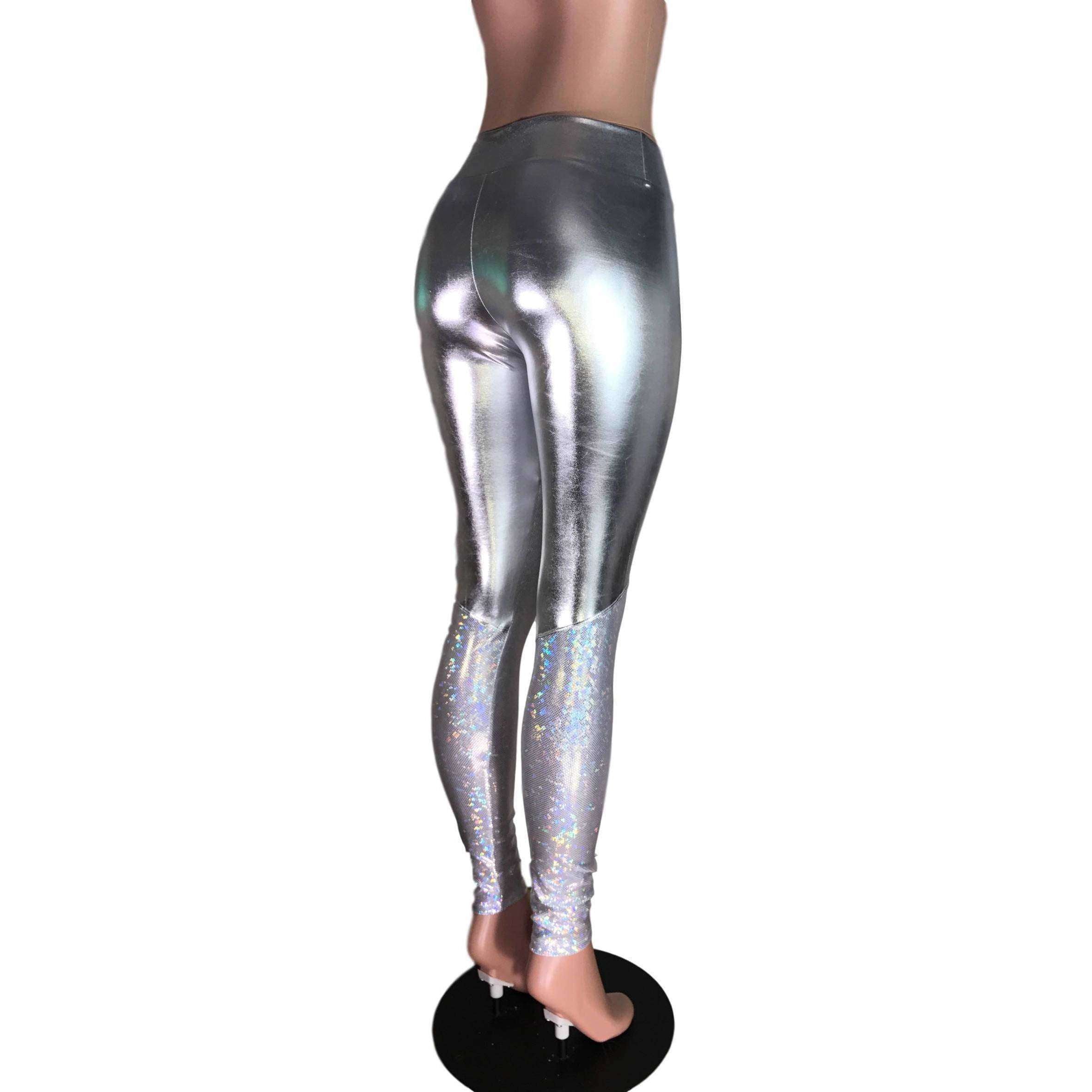 Metallic Silver and Shattered Glass Mid-Rise Leggings Pants– Peridot  Clothing