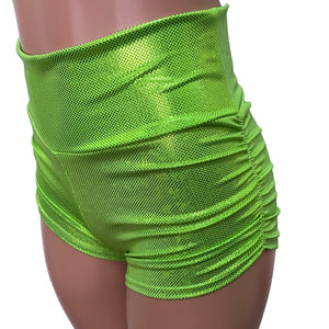 Ruched Booty Shorts - Lime Green Holographic Shattered Glass - Peridot Clothing