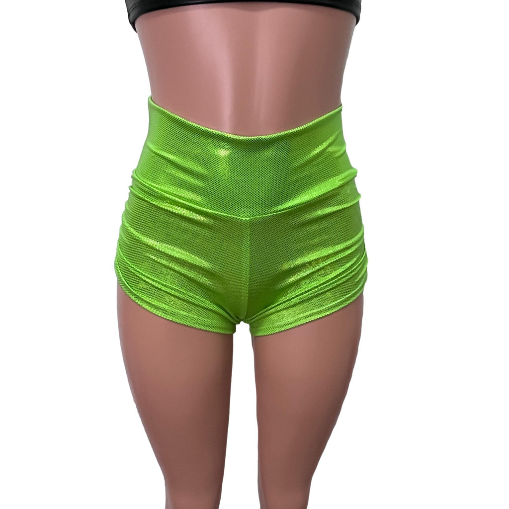 Ruched Booty Shorts - Lime Green Holographic Shattered Glass - Peridot Clothing