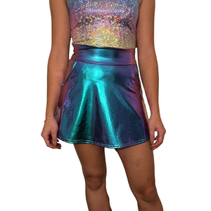 Oil Slick Holographic A-line Skirt w/Optional Pockets - Peridot Clothing