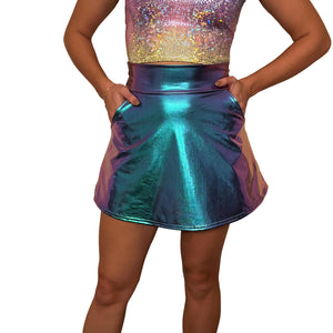 Oil Slick Holographic A-line Skirt w/Optional Pockets - Peridot Clothing
