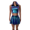 Rave Outfit - Oil Slick Holographic High Waisted Skater Skirt & Sleeveless Cropped Hoodie - Peridot Clothing
