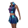 Rave Outfit - Oil Slick Holographic High Waisted Skater Skirt & Sleeveless Cropped Hoodie - Peridot Clothing