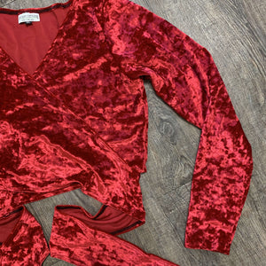 *Oops - Long Sleeve Wrap Top in Red Crushed Velvet - Final Sale XLARGE - Peridot Clothing