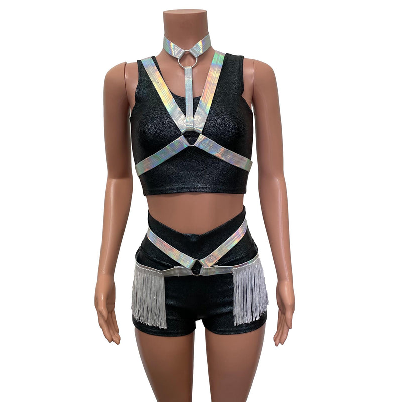 Fringe Harness Set in Opal Holographic | Cage Bra Rave Body Harness Outfit w/ Fringe Skirt and Choker - Peridot Clothing