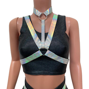 Fringe Harness Set in Opal Holographic | Cage Bra Rave Body Harness Outfit w/ Fringe Skirt and Choker - Peridot Clothing