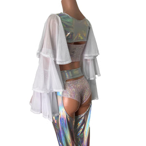 Ruffle Sleeve Bolero Top - Opal Holographic and White Mesh - Peridot Clothing