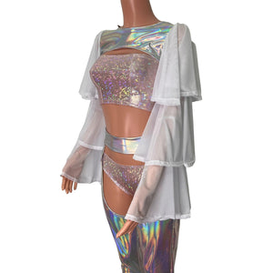 Ruffle Sleeve Bolero Top - Opal Holographic and White Mesh - Peridot Clothing