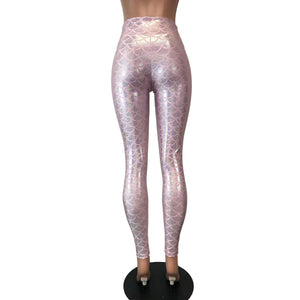 Pink Mermaid Scale Holo Holographic High Waisted Leggings Pants - Peridot Clothing