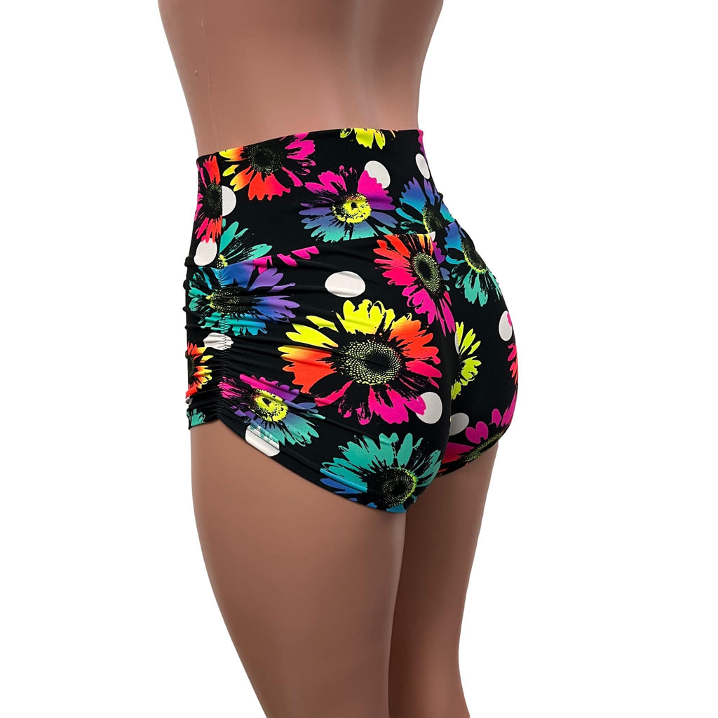 Polka Dot Electric Daisy Neon Floral Ruched Booty Shorts - Peridot Clothing