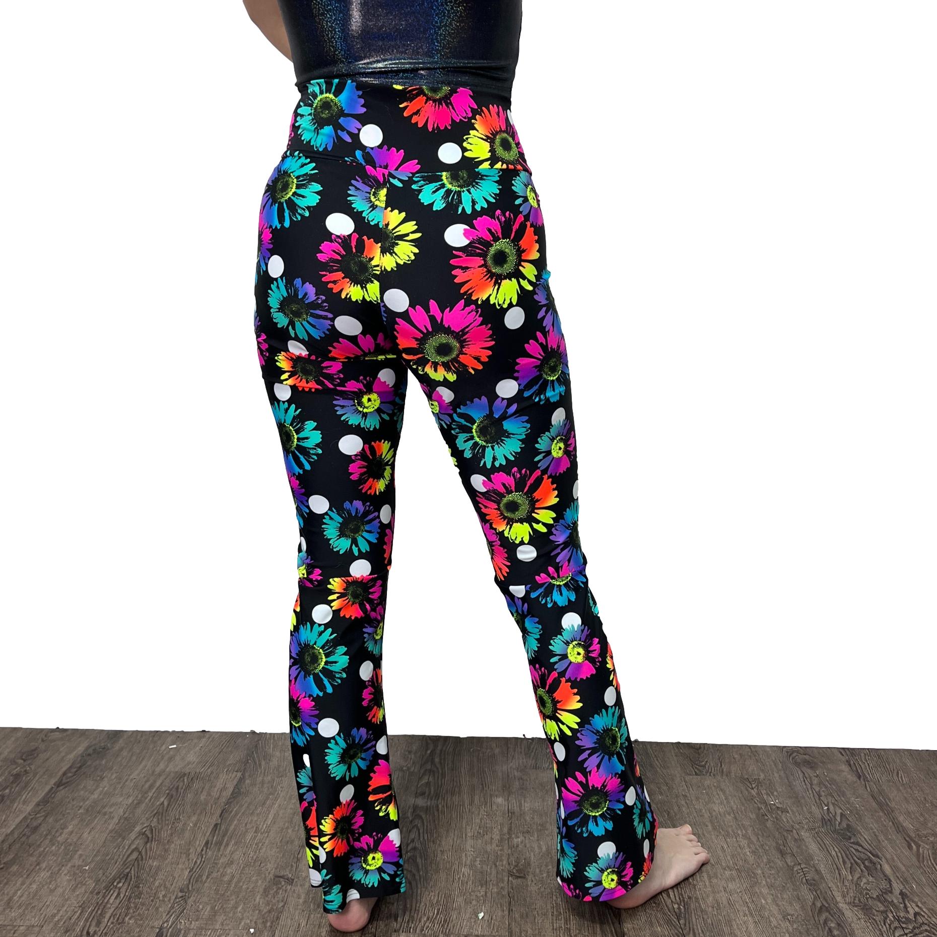 Crossover V-Waist Bootcut Flare Pants - Polka Dot Electric Daisy Print–  Peridot Clothing