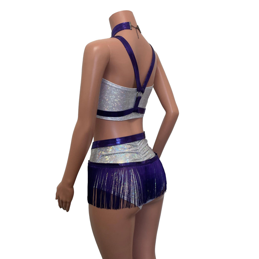 Fringe Harness Set in Purple Mystique Metallic | Cage Bra w/ Fringe Skirt and Choker - Peridot Clothing