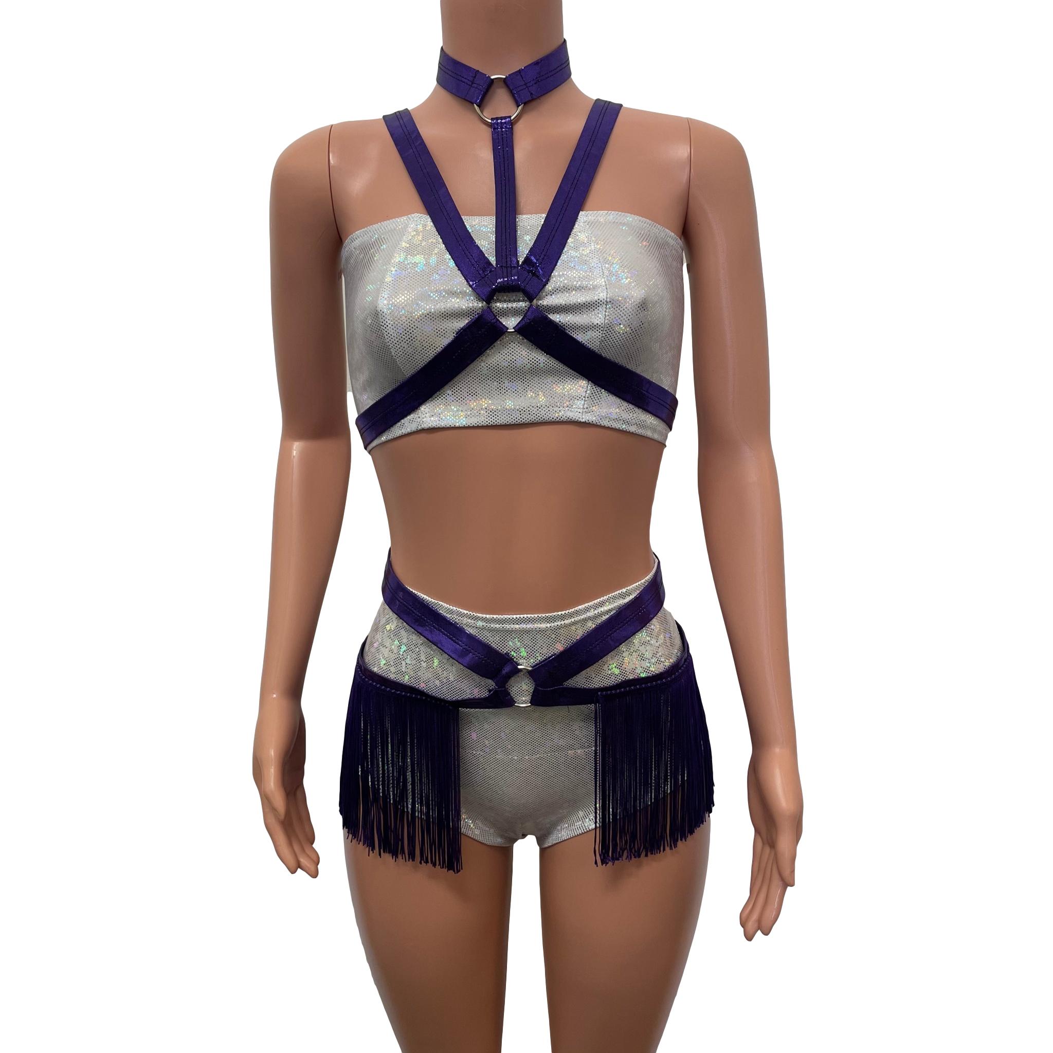 Fringe Harness Set in Purple Mystique Metallic Cage Bra Rave Body Harness  Outfit W/ Fringe Skirt and Choker -  Canada