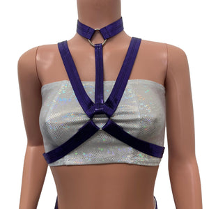 Fringe Harness Set in Purple Mystique Metallic | Cage Bra w/ Fringe Skirt and Choker - Peridot Clothing
