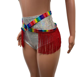 Fringe Harness Skirt in Rainbow Stripe Pride | Rave Body Harness Bottom w/ Fringe - Peridot Clothing