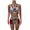 Fringe Harness Set in Rainbow Stripe | Cage Bra Rave Body Harness Outfit w/ Fringe Skirt and Choker Pride Outfit - Peridot Clothing