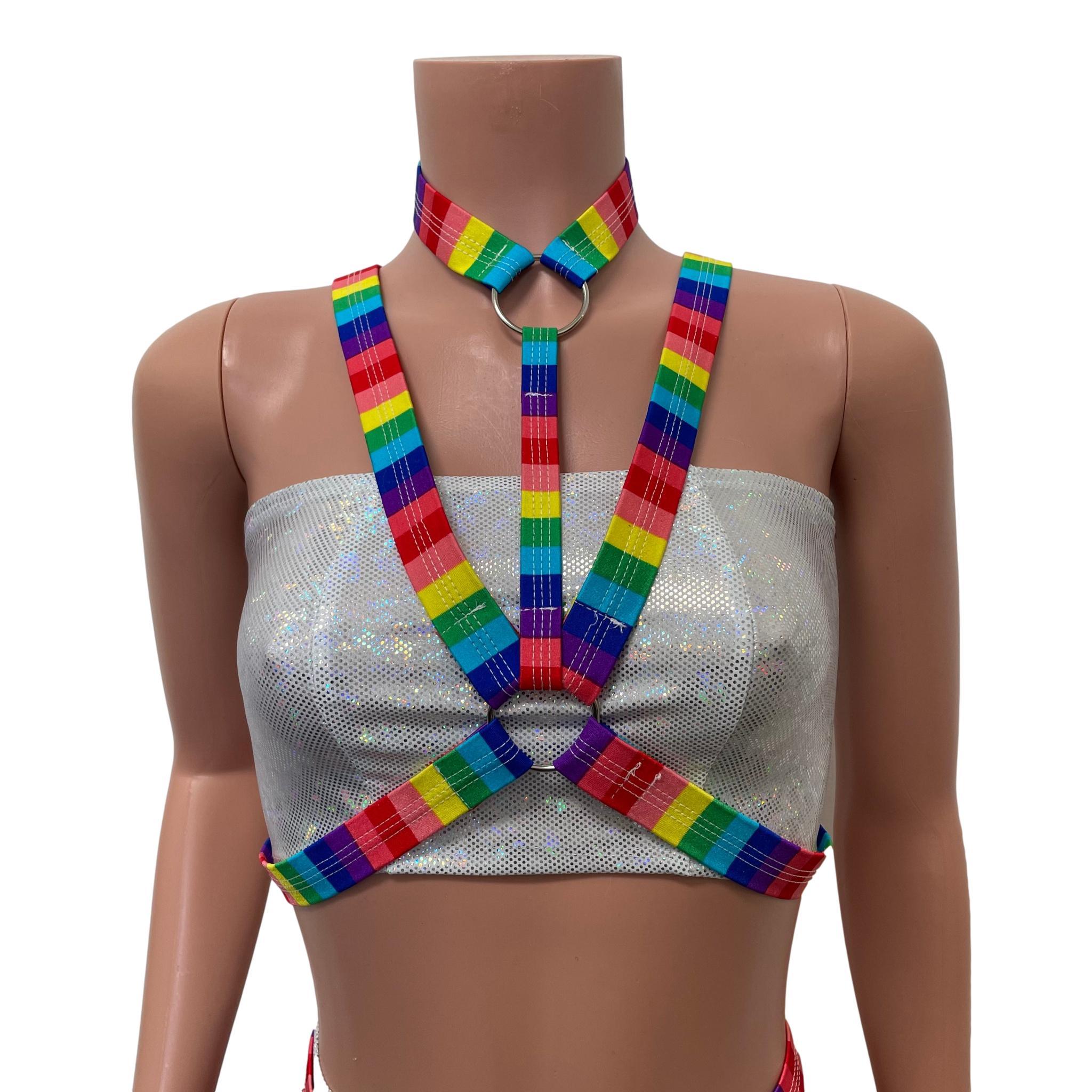 Cage Bra Harness Top in Rainbow Stripe Pride  Rave Body Chest Harness–  Peridot Clothing