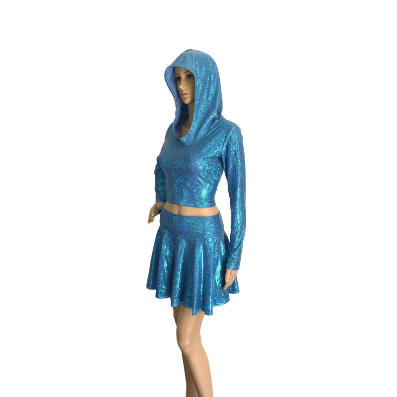 Rave Outfit - Blue Shattered Glass High Waisted Skater Skirt Oil & Long Sleeve Cropped Hoodie - Peridot Clothing