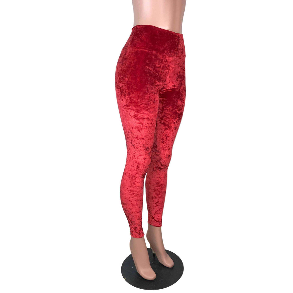 Red Crushed Velvet High Waisted Leggings Pants - Peridot Clothing