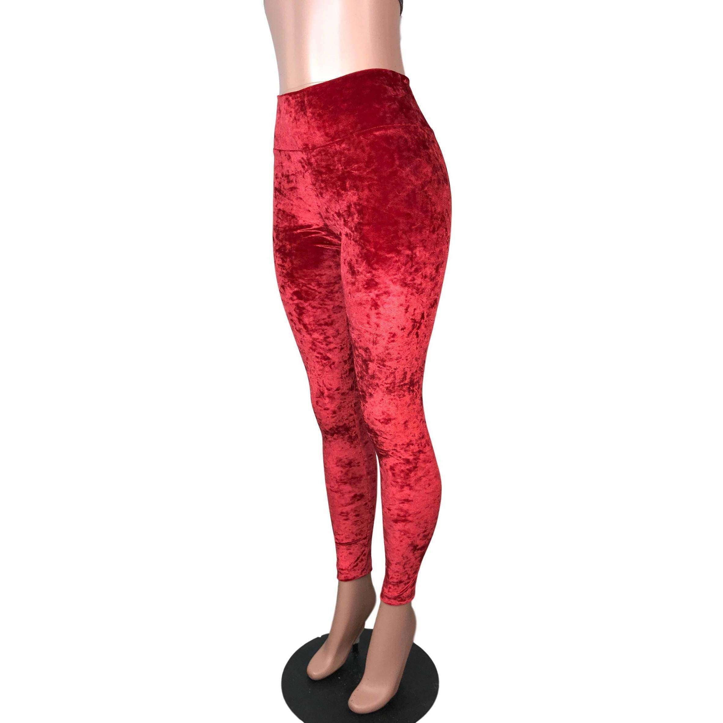 Red Crushed Velvet High Waisted Leggings Pants– Peridot Clothing