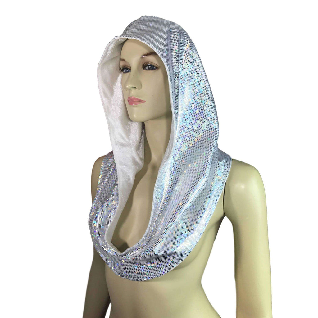 Reversible Silver Shattered Glass & White Crushed Velvet Holographic Rave Hood - Peridot Clothing