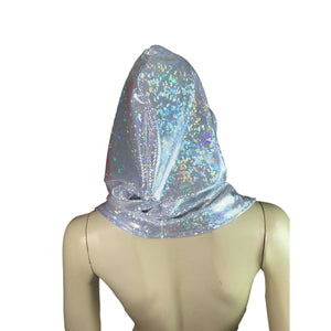 Reversible Silver Shattered Glass & White Crushed Velvet Holographic Rave Hood - Peridot Clothing