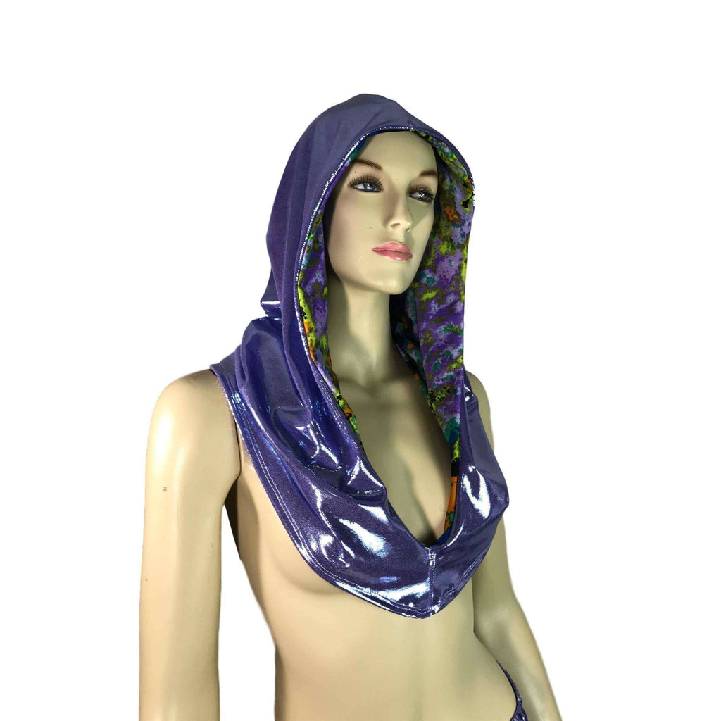 Reversible Splatter Print & Lilac Purple Mystique Metallic Rave Hood - Peridot Clothing