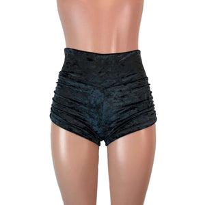 Ruched Booty Shorts - Black Crushed Velvet Scrunch Shorts - Peridot Clothing