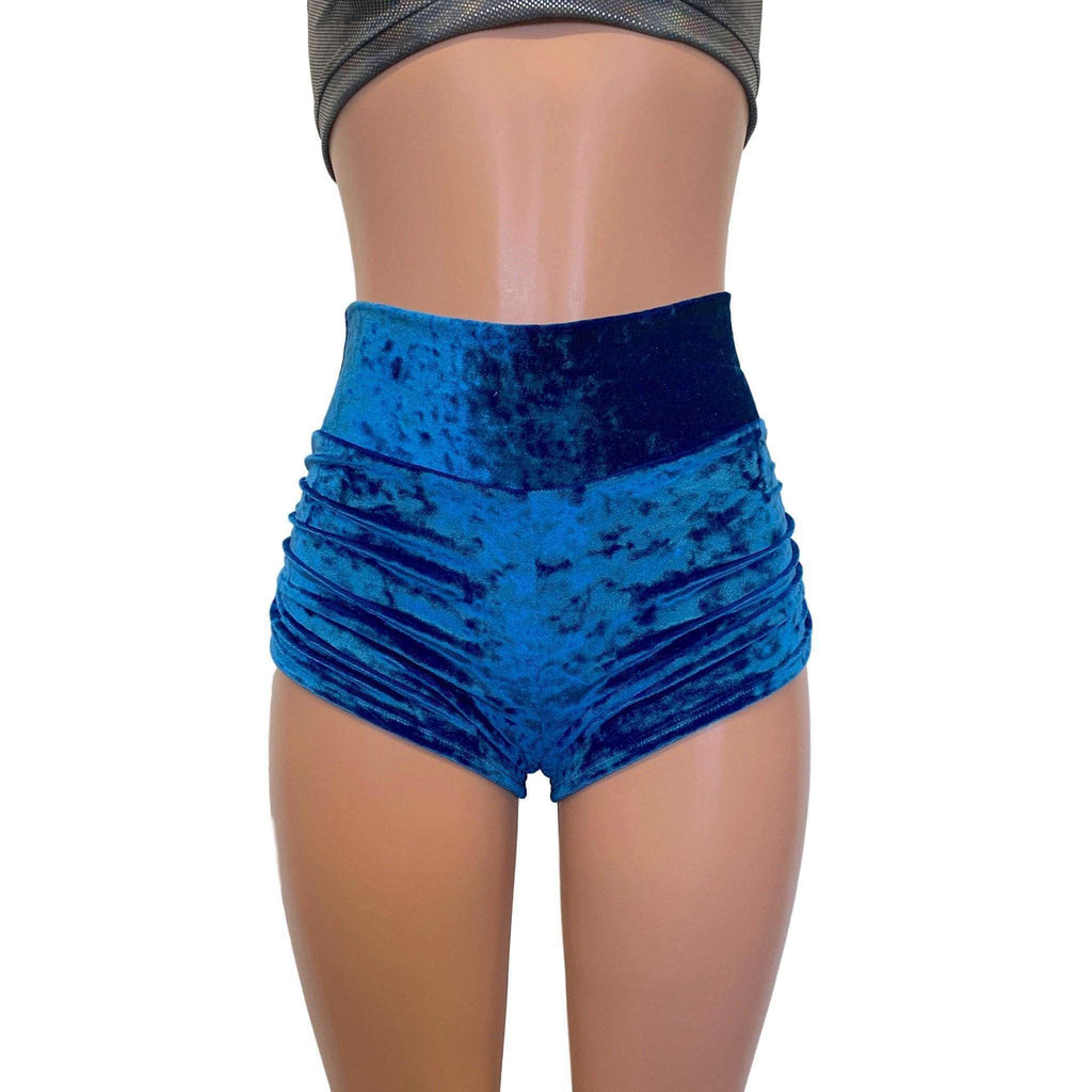 Ruched Booty Shorts - Blue Crushed Velvet Scrunch Shorts - Peridot Clothing