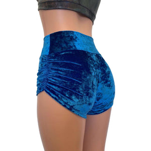 Ruched Booty Shorts - Blue Crushed Velvet Scrunch Shorts - Peridot Clothing