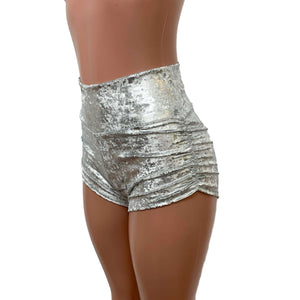 Ruched Booty Shorts - Silver on White Gilded Velvet Scrunch Shorts - Peridot Clothing