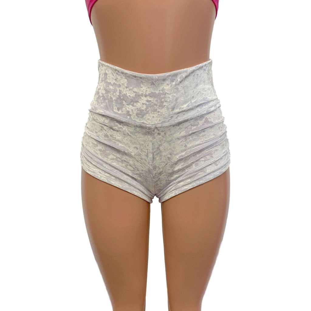 Ruched Booty Shorts - White Crushed Velvet - Peridot Clothing