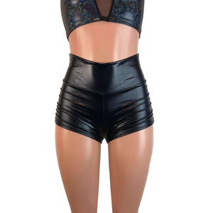 SALE - SMALL High Waist Ruched Booty Shorts - Black Metallic "Wet Look" - Peridot Clothing