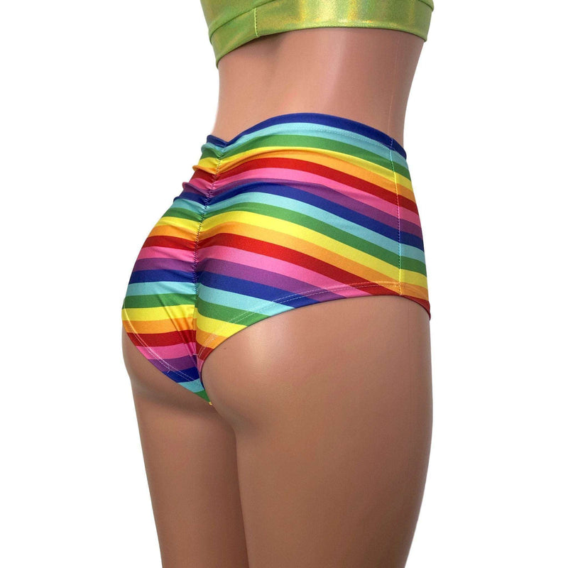 SALE - High Waist Scrunch Bikini Hot Pants - Rainbow Stripe - Peridot Clothing