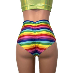 SALE - High Waist Scrunch Bikini Hot Pants - Rainbow Stripe - Peridot Clothing