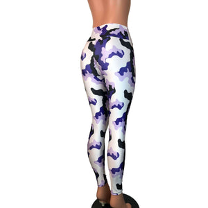 SALE - Purple, White & Black Camo Camouflage High Waist Leggings Pants - Peridot Clothing