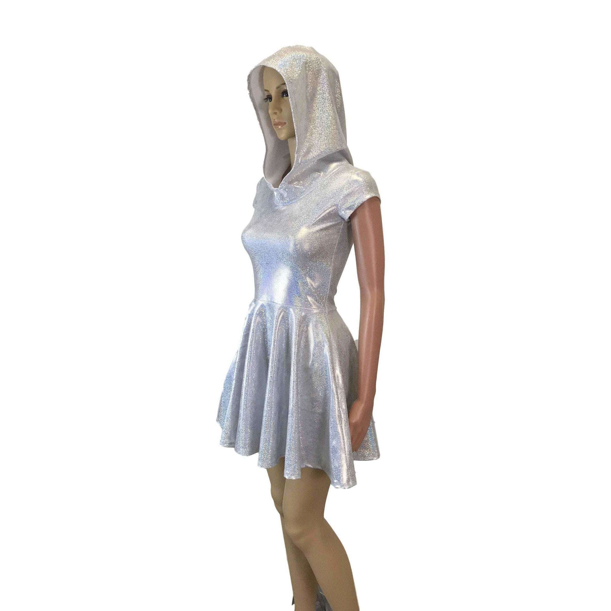 Hooded Skater Dress - Silver On White Holographic Fit N Flare Dress XSmall (0-2) Hooded Skater Dress - Silver On White Holographic Fit N Flare Dress XSmall (0-2)