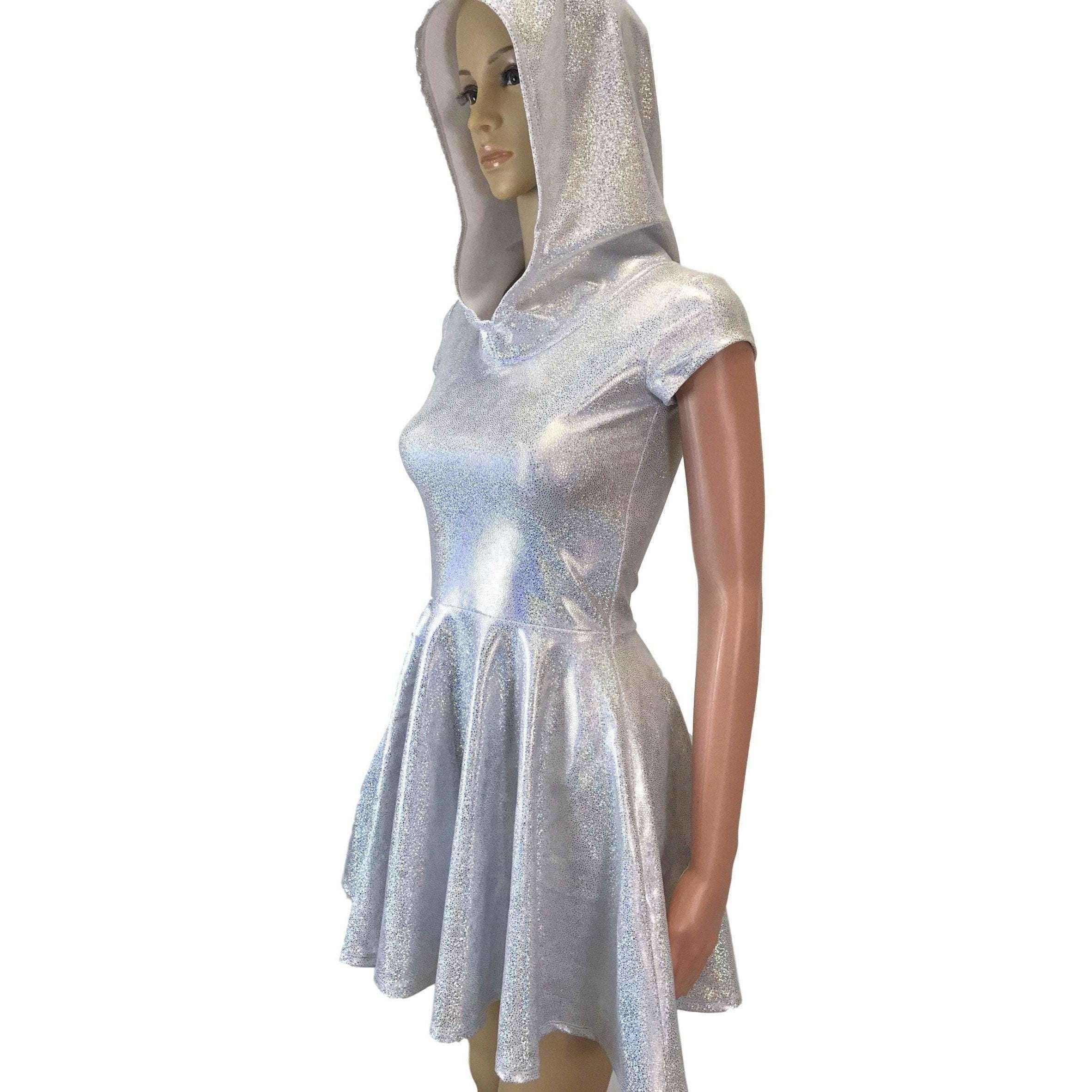Hooded Skater Dress - Silver on White Holographic Fit n Flare Dress Xsmall (0-2) Hooded Skater Dress - Silver on White Holographic Fit n Flare Dress Xsmall (0-2)
