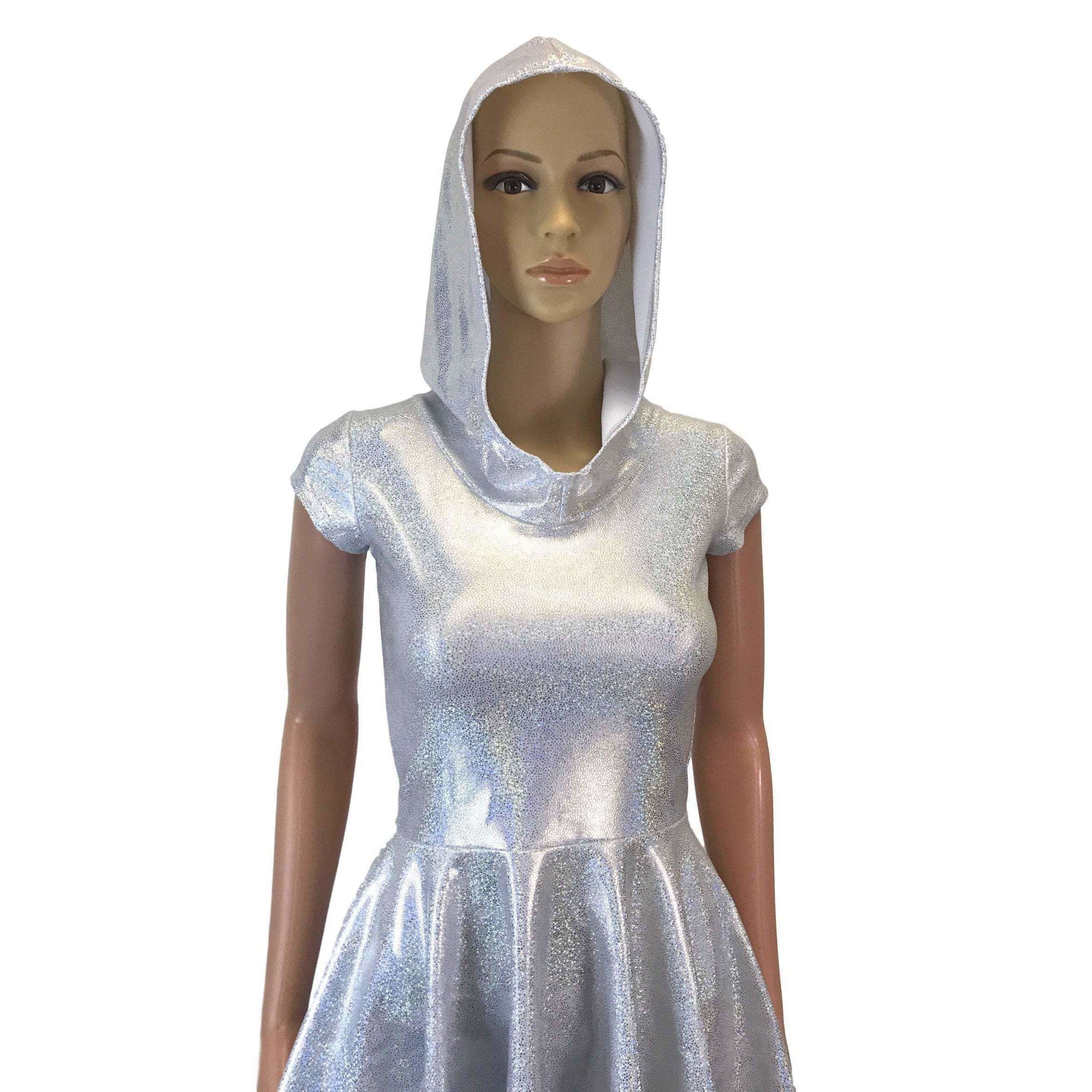 silver hoodie dress Silver Holographic Cap Sleeve Hoodie Skater Dress - Club, Rave, Sexy Mini Dress, Festival Outfit