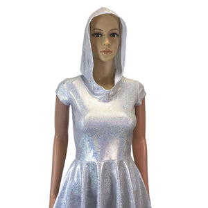 Hooded Skater Dress - Silver on White Holographic Fit n Flare Dress - Peridot Clothing