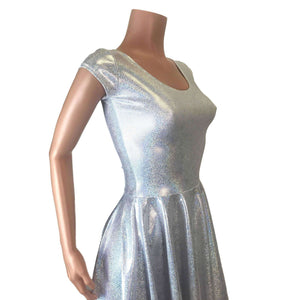 Silver Holographic Cap Sleeve Skater fit n flare Dress - Peridot Clothing