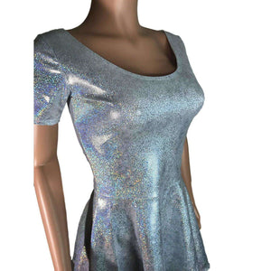 Silver Holographic Short Sleeve Skater fit n flare Dress - Peridot Clothing
