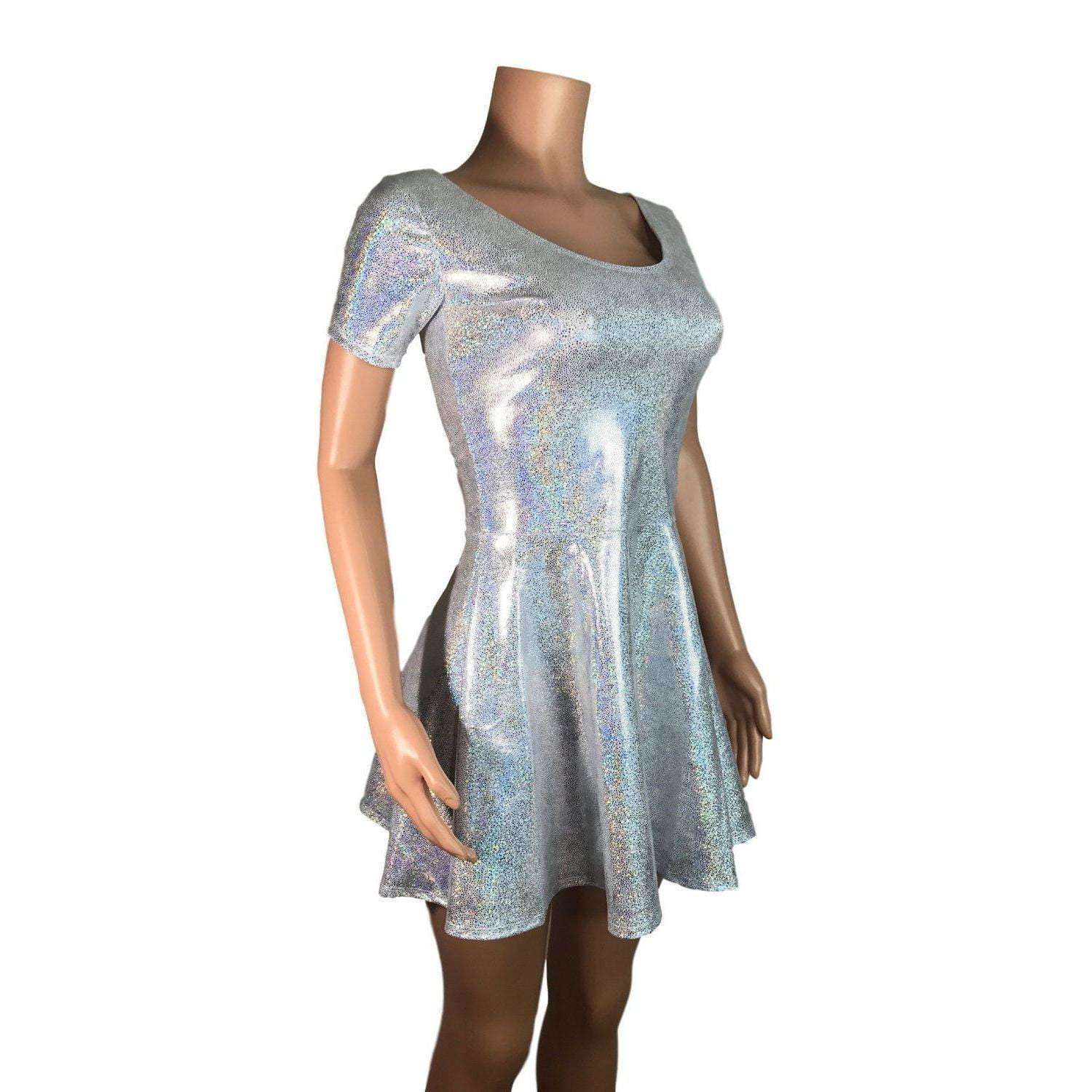 Silver Holographic Short Sleeve Skater fit n flare Dress Large Silver Holographic Short Sleeve Skater fit n flare Dress Large
