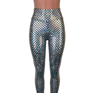 Silver Mermaid Scale Holographic High Waisted Leggings Pants - Peridot Clothing