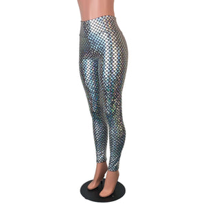 Silver Mermaid Scale Holographic High Waisted Leggings Pants - Peridot Clothing