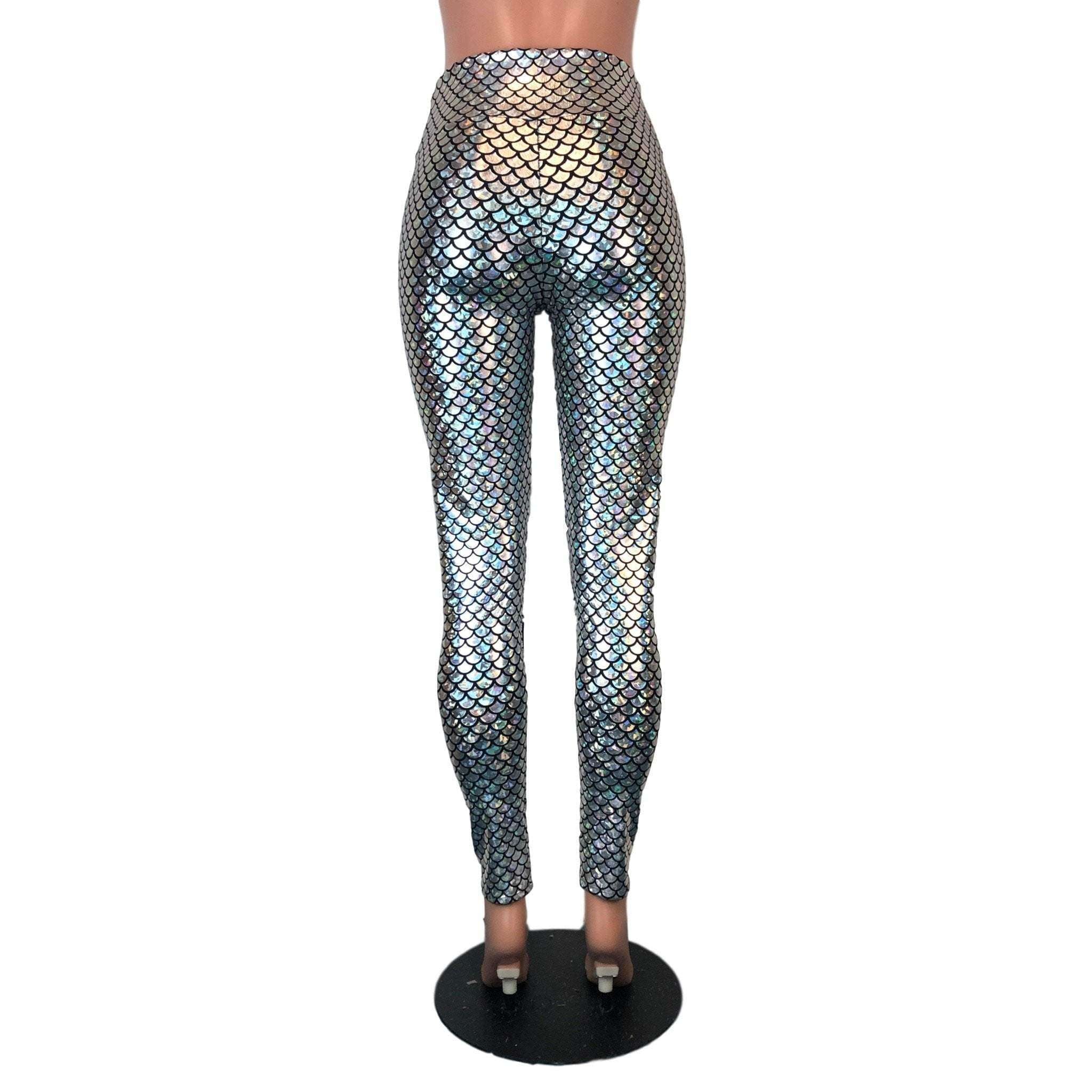 Silver Mermaid Scale Holographic High Waisted Leggings Pants– Peridot  Clothing
