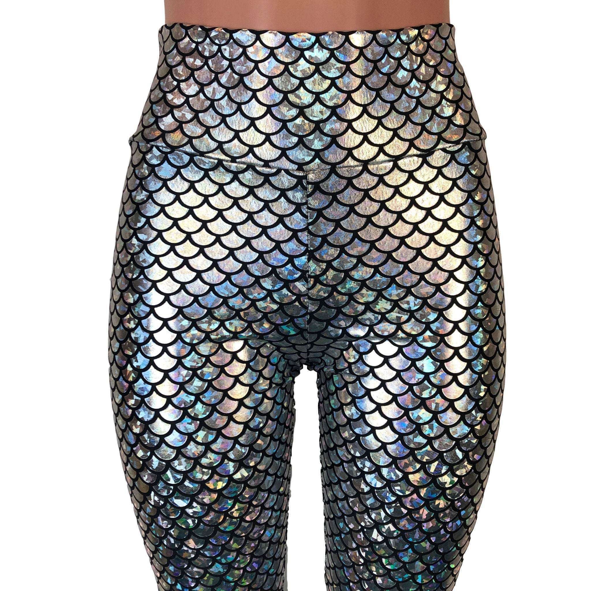 Silver Mermaid Scale Holographic High Waisted Leggings Pants– Peridot  Clothing